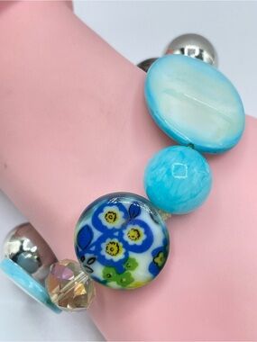 Blue Mother of Pearl Hollow Silver Beaded Stretch Bracelet Floral Boho